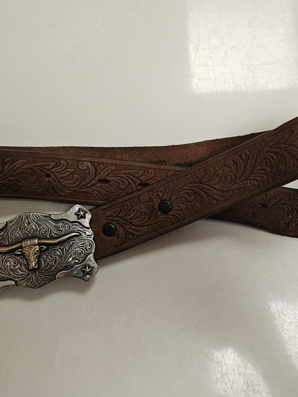 Tony Lama Brown Tooled Leather Kids Belt with Decorative Buckle
